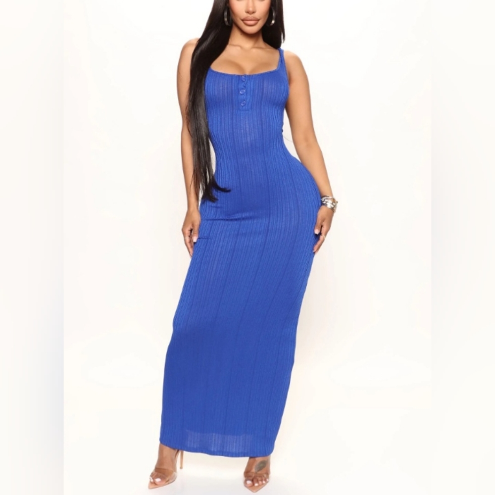 Women's Blue Ribbed Knit Sweater Bodycon Maxi Dress Size Large 💙